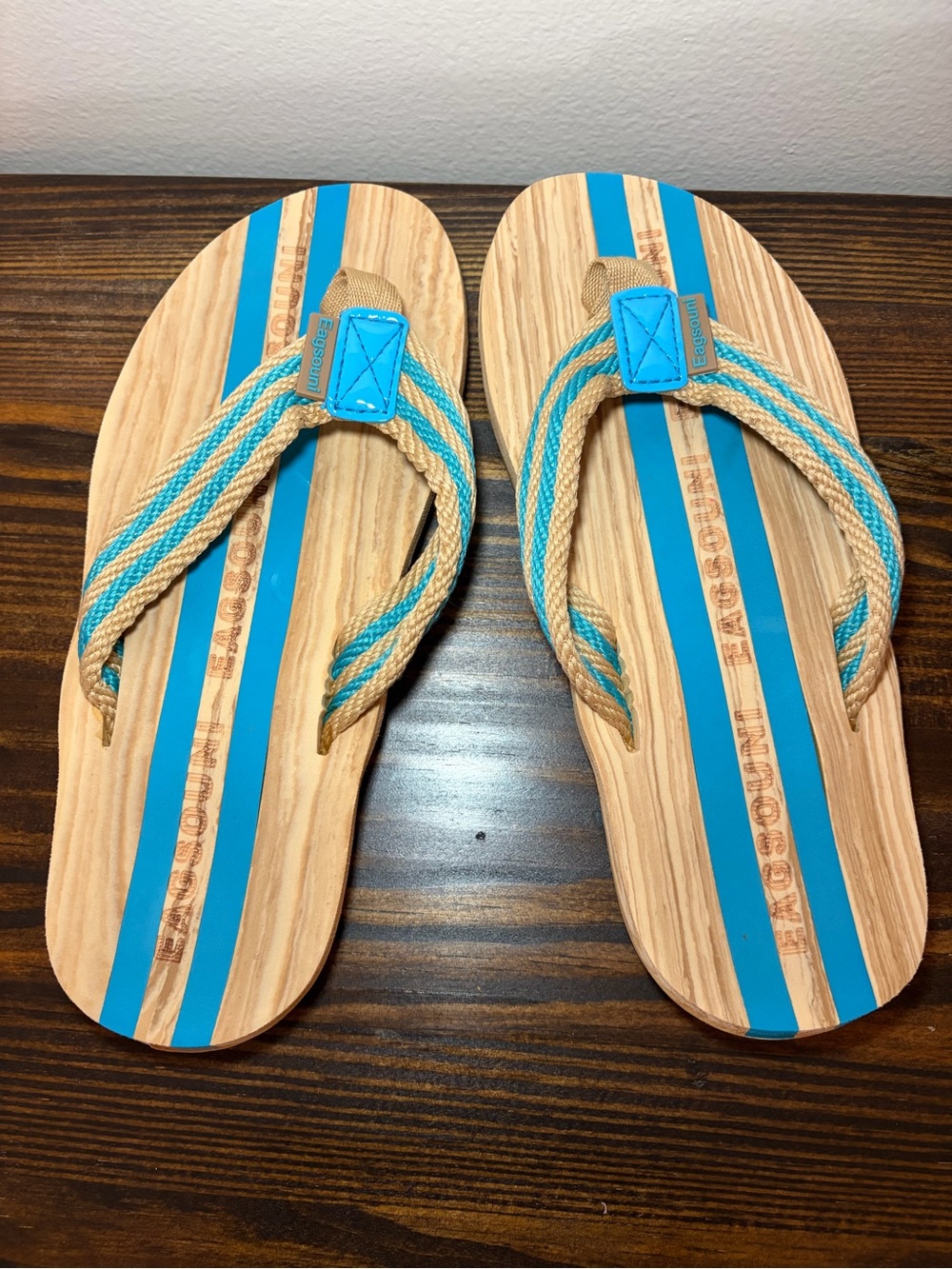 Women’s Blue and Natural Stripe Rope-Detail Flip Flops